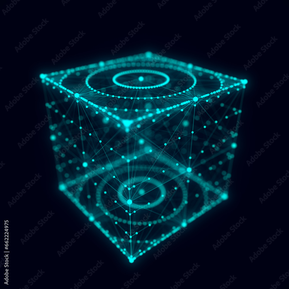 Fototapete Abstract blue cube with connecting dots and lines. Big data visualization. Blockchain technology concept. Wireframe network connection structure with circle. 3d rendering.