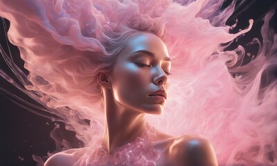 beautiful young woman with pink hair and a pink figure in a pink smoke. beautiful young woman with pink hair and a pink figure in a pink smoke. beautiful woman with pink smoke and glowing lights. digi