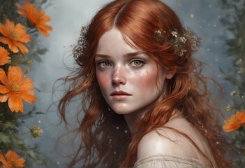 3d render of a fantasy redhead girl in a wreath of flowers, fantasy concept young woman in red dress with flowers in the forest 3d render of a fantasy redhead girl in a wreath of flowers, fantasy conc