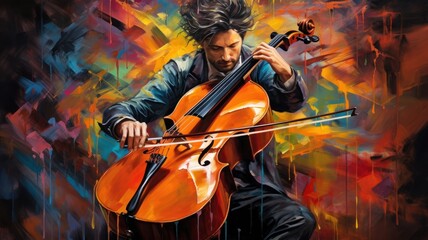A male cello player, colorful painting, illustration - obrazy, fototapety, plakaty