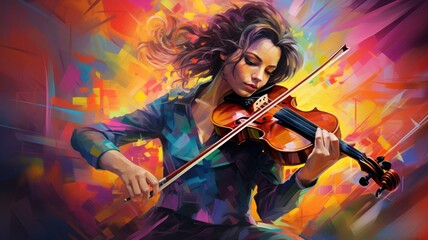 Fototapeta premium A female violin player, colorful painting, illustration