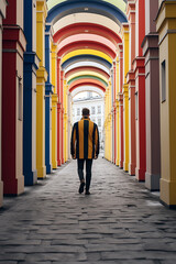 A man walking down a vibrant pathway