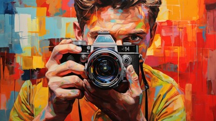 Portrait of a photographer with a camera in his hand, colorful painting, illustration - obrazy, fototapety, plakaty