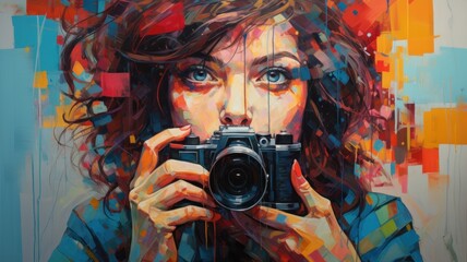 Portrait of a female photographer with a camera in her hand, colorful painting, illustration - obrazy, fototapety, plakaty