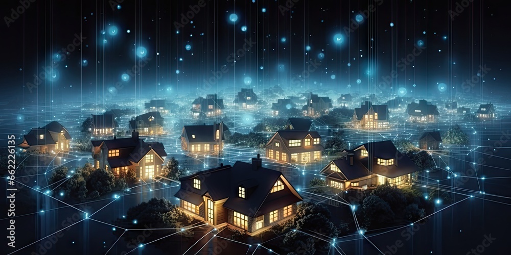 Wall mural digital technology internet network and modern housing design. blue abstract architecture in connect