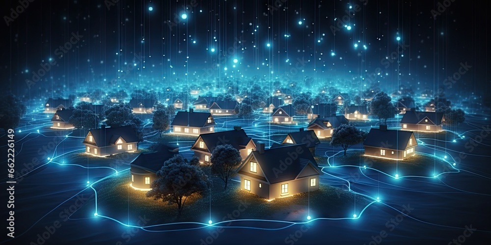 Wall mural digital technology internet network and modern housing design. blue abstract architecture in connect