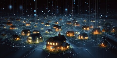 Digital technology internet network and modern housing design. Blue abstract architecture in connected city. Urban house icons. Residential fusion. Architectural concepts. Meets home