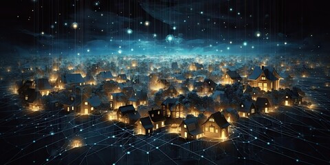 Digital technology internet network and modern housing design. Blue abstract architecture in connected city. Urban house icons. Residential fusion. Architectural concepts. Meets home