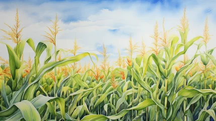 Fotobehang watercolor painting of corn field and blue sky © Christopher
