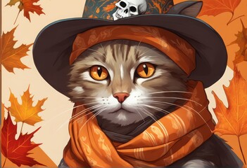 vector illustration of cute cat in scarf vector illustration of cute cat in scarf vector cat with hat and scarf. autumn leaves.