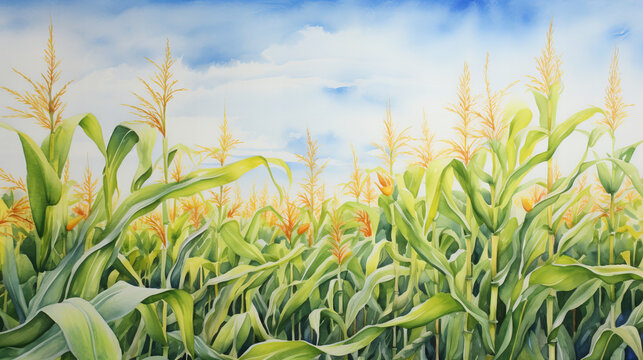 watercolor painting of corn field and blue sky