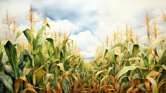 watercolor painting of corn field in summer