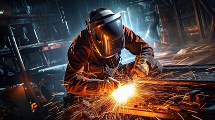 A welder at work in a metal factory. Sparks are flying around. Industrial concept.