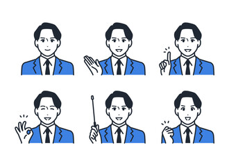 若いビジネスマンのシンプルなベクター表情アイコンイラストセット素材