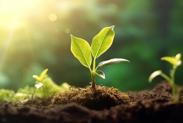 Fototapeta premium young plant growing in garden with sunlight. generative ai