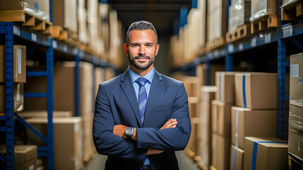 Business man in suit smiling in warehouse full of packages or products in cartons to be sold or shipped. Online sale, stock or happy business owner. Genertibe ai - obrazy, fototapety, plakaty