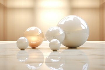 Naklejka premium Spheres, balls of different sizes and colors: beige, white, yellow. Soft, gentle tones.