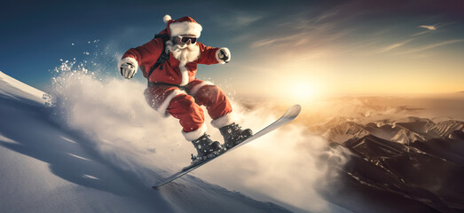 Santa claus is snowboarding and having fun in a snowy mountain at christmas holidays