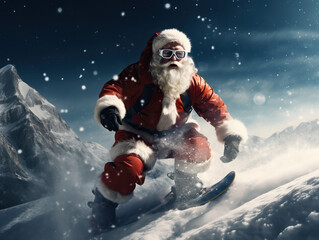 Santa claus is snowboarding and having fun in a snowy mountain at christmas holidays