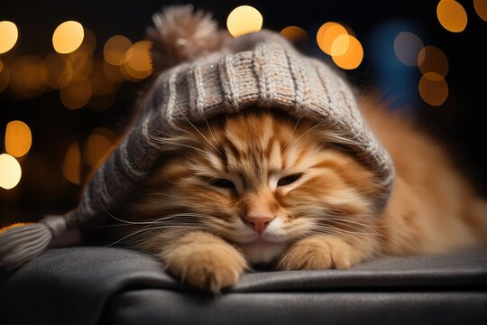Cute ginger cat in warm hat on bokeh lights background. Cat or Pussy at Christmas with Christmas Hat or Santa Hat and Bokeh Lights.