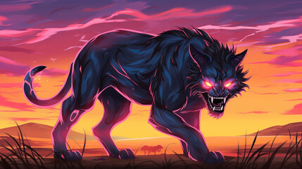 Cartoon illustration of a panther at sunset or sunrise - obrazy, fototapety, plakaty