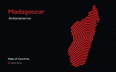 Abstract map of Madagascar with spiral lines. 