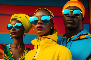 A vibrant group of people in yellow outfits and sunglasses
