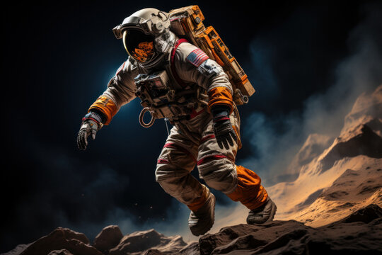Portrait of American astronaut in outer space, moon or unknown planet