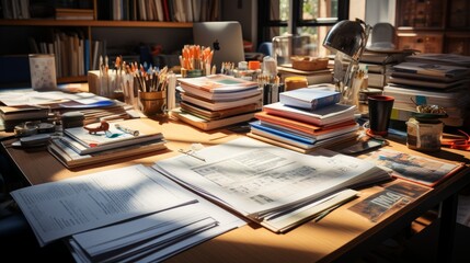 Documents and file folders on table. Office documents heap. - obrazy, fototapety, plakaty