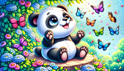 Panda's Whimsical Garden: Playful Moments with Butterflies