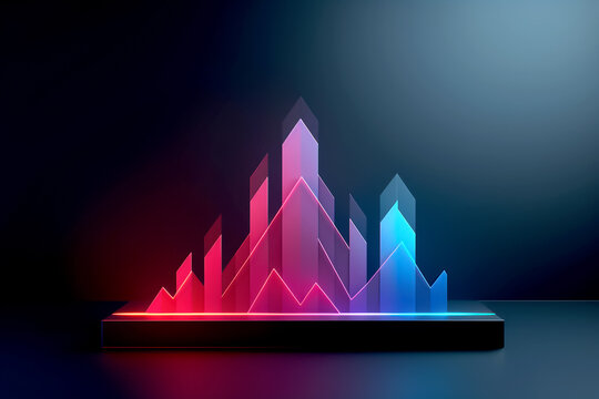 Isometric infographics charts and diagrams, data analysis concept. Template for business presentation, report or web site design. Colorful neon ascending arrow. AI generated