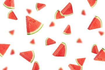 Falling Watermelon without seeds isolated on white background, selective focus