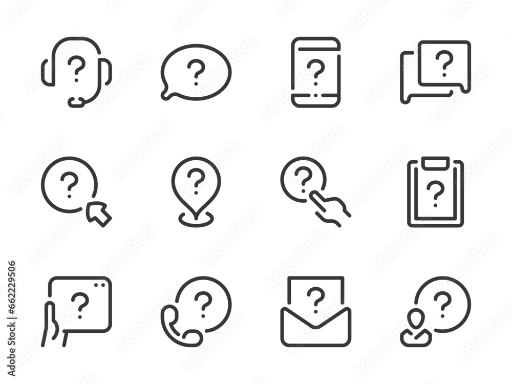 Poster question mark and problem solution vector line icons. faq and help outline icon set. quiz, mail noti