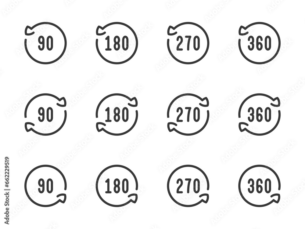 Poster rotate 90, 180, 270 and 360 degrees vector line icons. angle of rotation and rotating arrow with ang