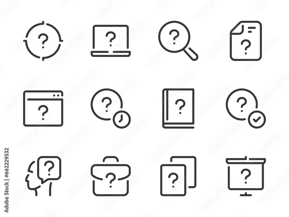 Poster question mark and problem solution vector line icons. faq and help outline icon set. quiz, problem s