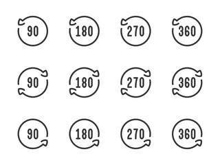 Rotate 90, 180, 270 and 360 degrees vector line icons. Angle of Rotation and Rotating arrow with angle value outline icon set.