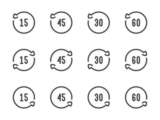 Rotate 15, 30, 45 and 60 degrees vector line icons. Angle of Rotation and Rotating arrow with angle value outline icon set.