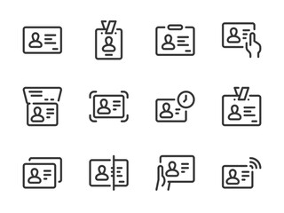 Identification Card and Identity Document vector line icons. Passport, Driver License and ID card outline icon set. Badge, Passport, Credential, Scan, Identity and more.