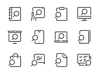 Search and Exploration vector line icons. Research, Review and Inspection outline icon set. Find Document, To-do list, Presentation, Purchase, Notebook, Receipt, Plan and more.