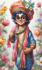 illustration of cartoon character boy in a blue dress with a flower and a butterfly illustration of cartoon character boy in a blue dress with a flower and a butterfly illustration of cute Indian boy