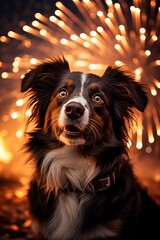Dog in front of fireworks