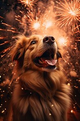 Golden Retriever in front of fireworks