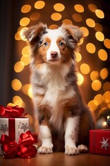 Fototapeta na wymiar Australian shepherd puppy dog between christmas presents