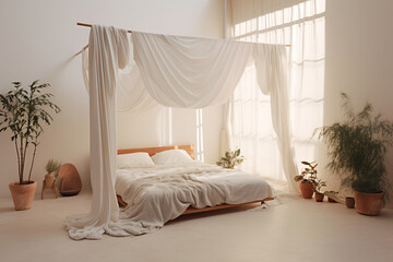 White wooden wardrobe in Scandinavian style interior design of modern bedroom