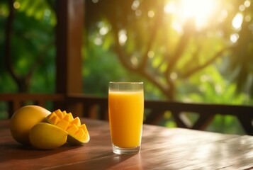 glass of mango juice with sliced fresh mangoes on wooden table with blurred background and sunlight. generative ai