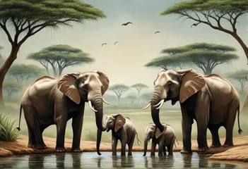 Fotobehang elephant in the forest. illustration elephants in the water illustration. elephant in the forest. illustration © Shubham
