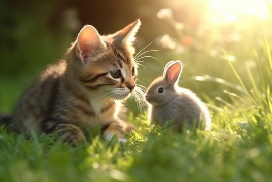 cute cat with cute bunny playing on the green grass of the garden with blurred background and sunlight. generative ai