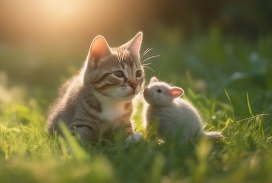 cute cat with cute bunny playing on the green grass of the garden with blurred background and sunlight. generative ai