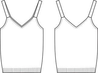 Women's V-Neck, Strappy Crop Knit Vest Top- Technical fashion illustration. Front and back, white color. Women's CAD mock-up. - obrazy, fototapety, plakaty