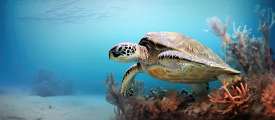 Fotobehang Marine turtle and underwater coral With copyspace for text © 2rogan
